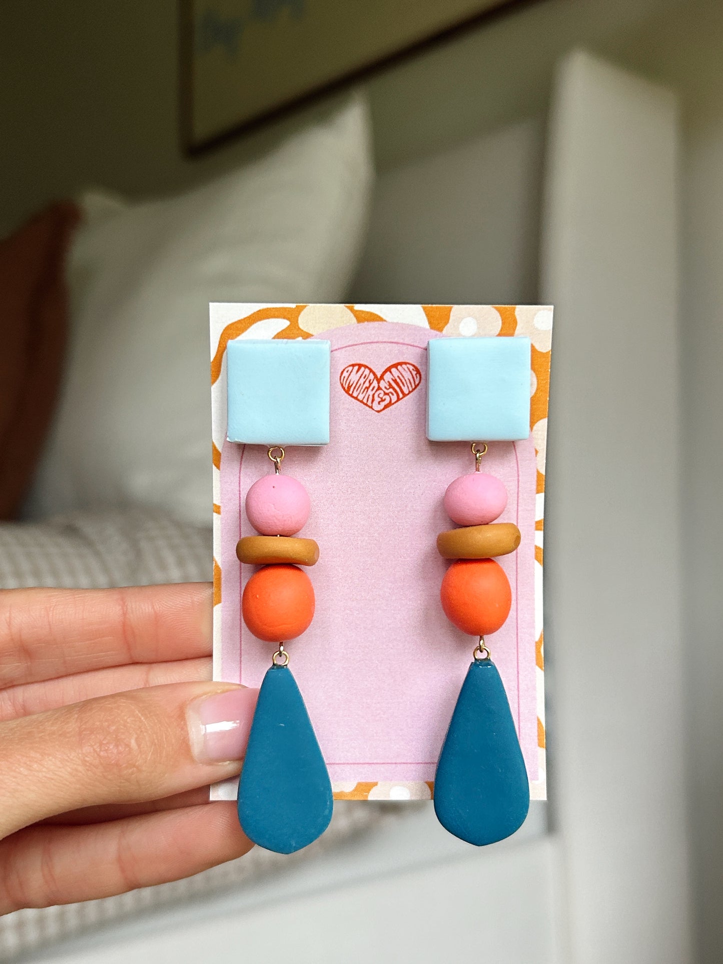 Coral Teal Color Block Bead Earring