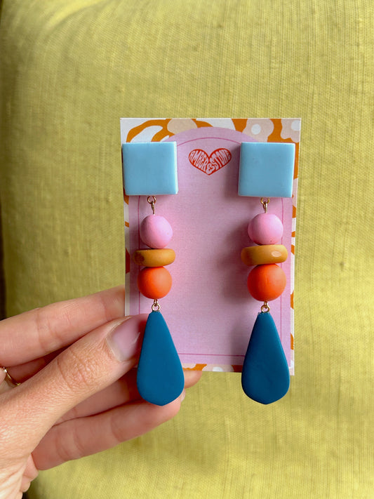 Coral Teal Color Block Bead Earring