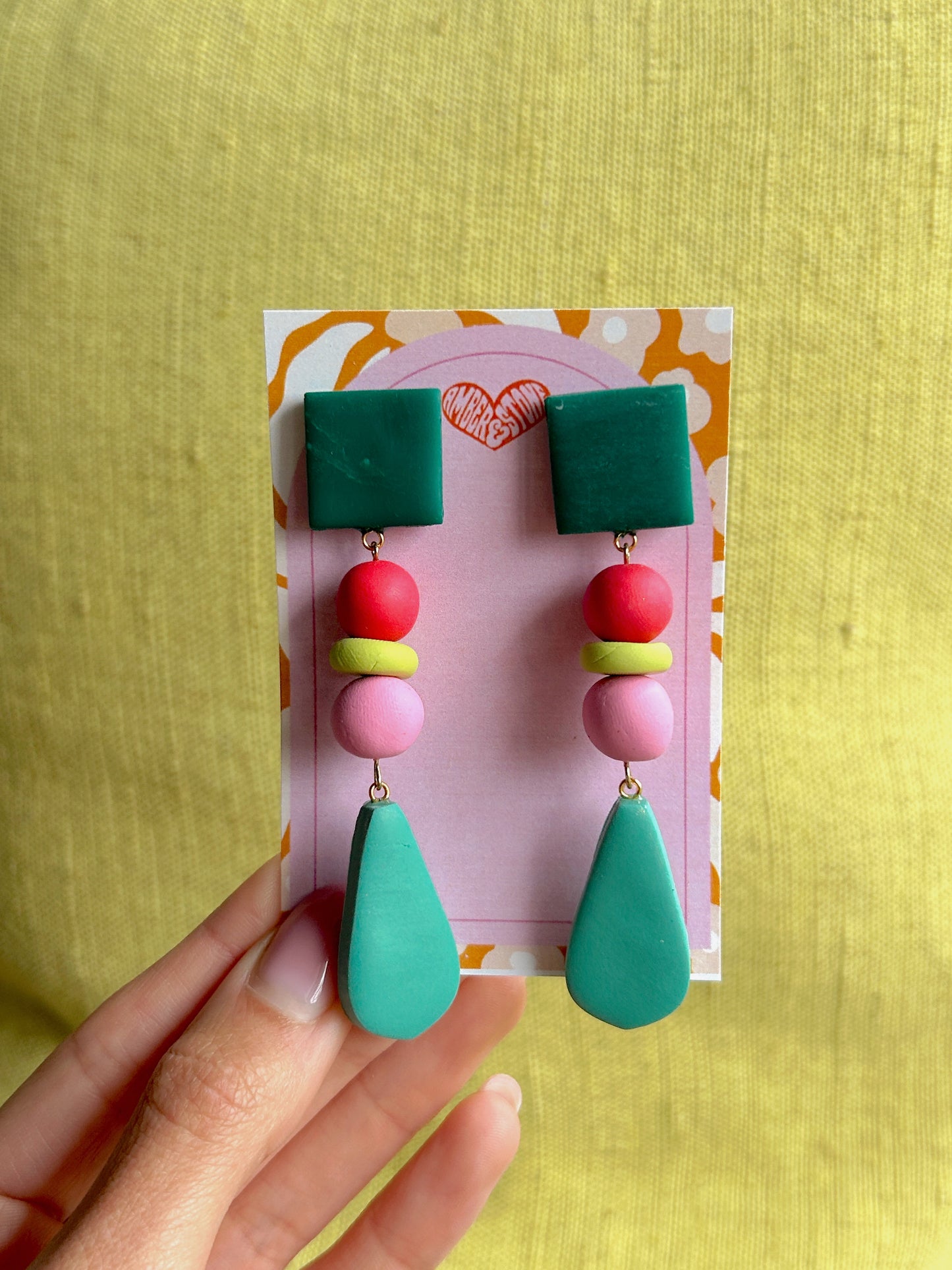 Pink and Green Color Block Bead Earring