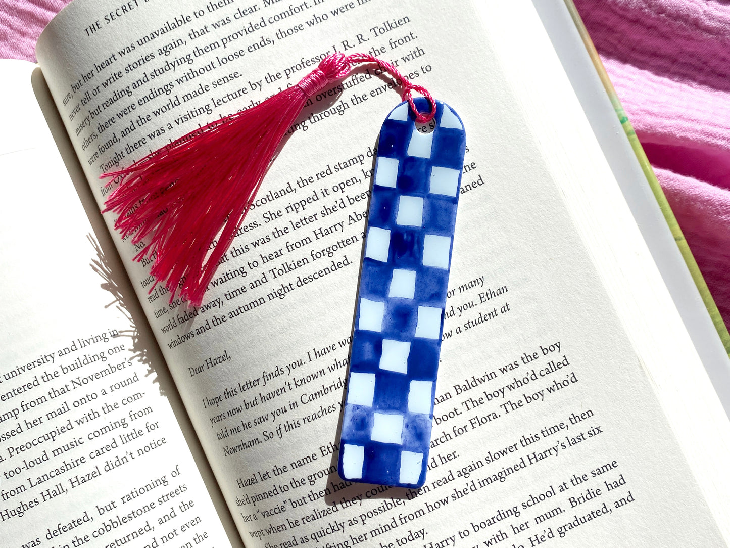 Hand Painted Navy Checkered Bookmark