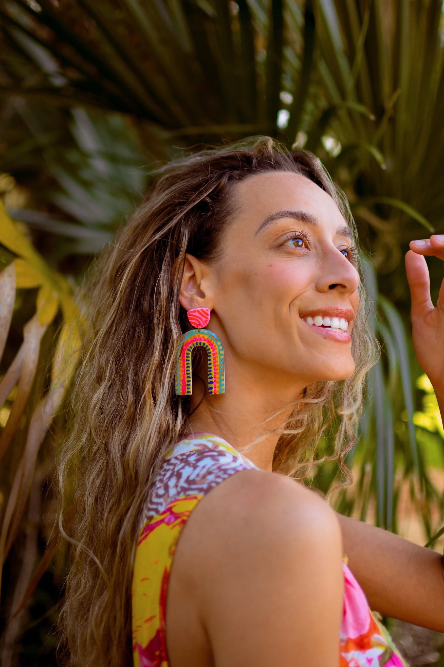 Model Wearing Bright Polymer Clay Arch Earring